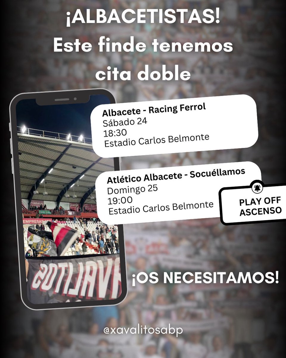 ‼️Este finde os necesitamos al 100%, nuestro filial se juega mantenerse en los playoff de ascenso, jugarán en el Carlos Belmonte, podréis acceder a la grada de animación a través de preferencia, totalmente gratis para abonados o adquiriendo tu entrada por 10€‼️