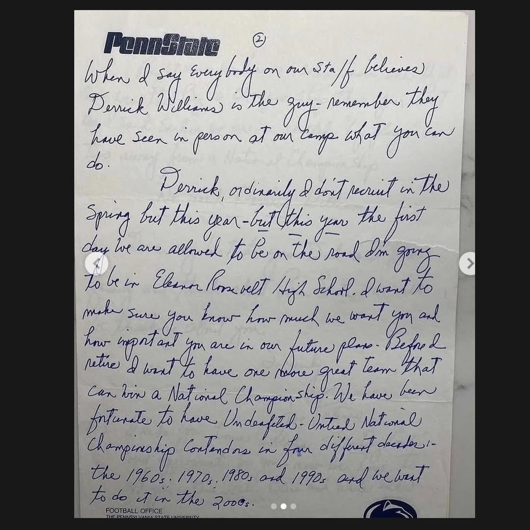 LandonTengwall's tweet photo. Joe Paterno’s letter to Derrick Williams when he was a 5 star recruit (2004)

DWill’s commitment was a HUGE turning point in Penn State Football https://t.co/iwbzoOOjhh