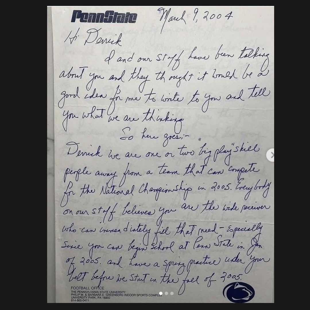 LandonTengwall's tweet photo. Joe Paterno’s letter to Derrick Williams when he was a 5 star recruit (2004)

DWill’s commitment was a HUGE turning point in Penn State Football https://t.co/iwbzoOOjhh