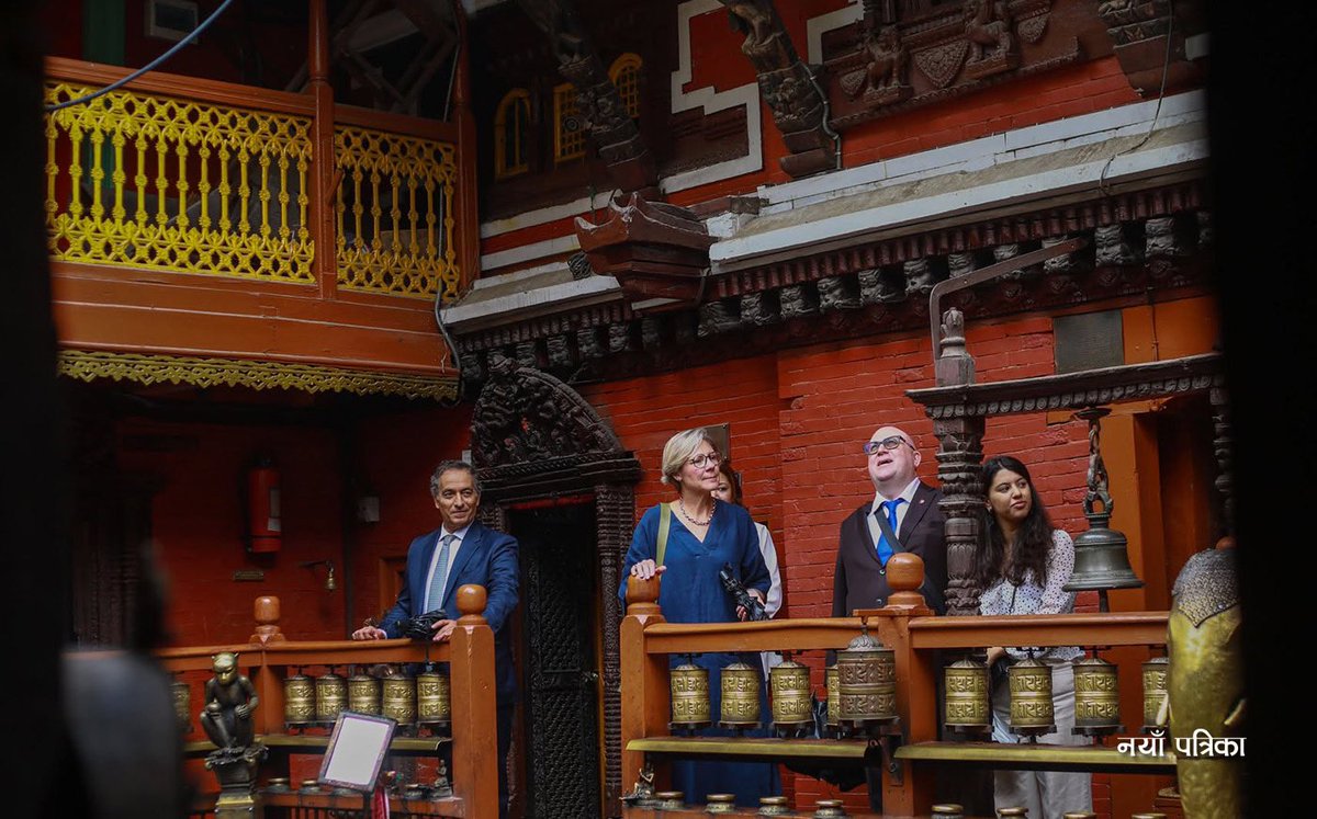 EUinNepal's tweet photo. 1/ 2 🌇 EU HoMs explored Patan with author Sujeev Shakya, diving into Nepal’s living history. Cultural diplomacy is at the heart of EU-Nepal ties—rooted in respect, curiosity, and preservation. #EUinNepal #HeritageMatters @euambnepal Copyright: Naya Patrika https://t.co/2b5a2CF1lx