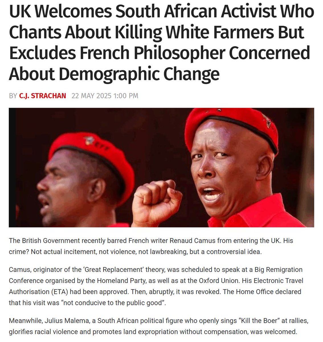 TooWhiteToTweet's tweet photo. Renaud Camus openly defends White interests, so he's banned from the UK.

Julius Malema openly demands White Genocide, so he's welcomed. https://t.co/Zfc0sWVLFY