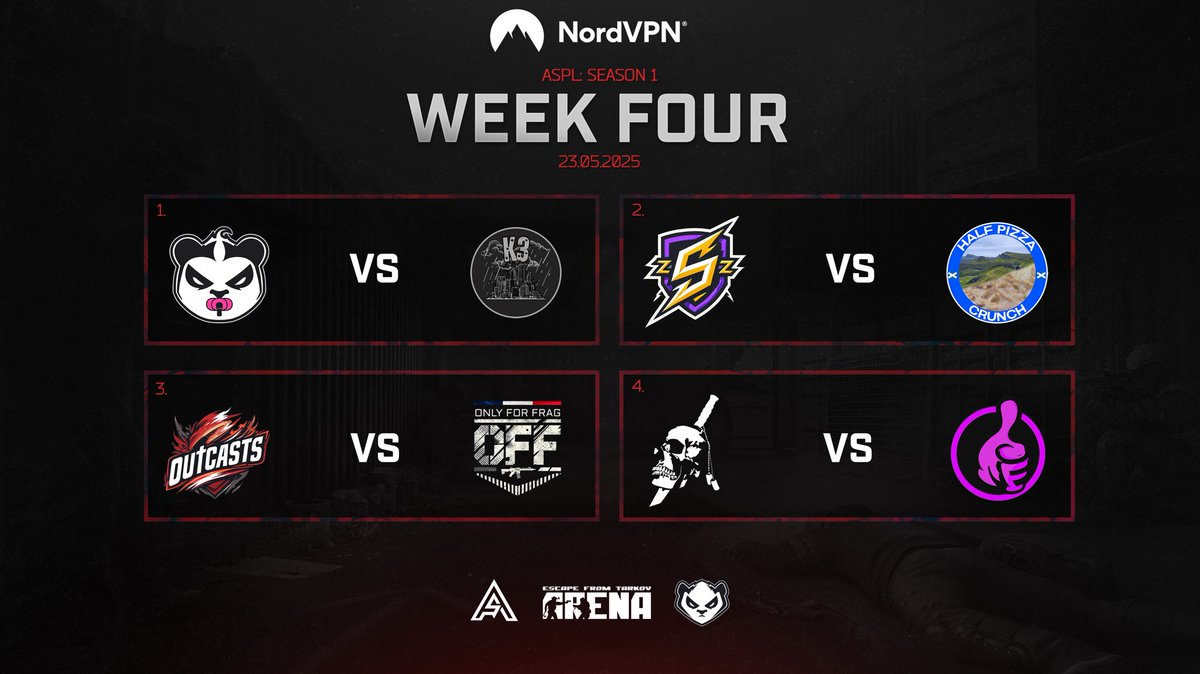 LegaEvents's tweet image. 📆 TONIGHT Week 4 Schedule | ASPL S1
 
📍23.05.25 | 7PM BST on twitch.tv/LegaEvents
 
🆚 What match up are you looking forward to the most?
 
🛡️ Protect Your Digital Habitat: tinyurl.com/PandaricVPN

#ASPL #TarkovArena