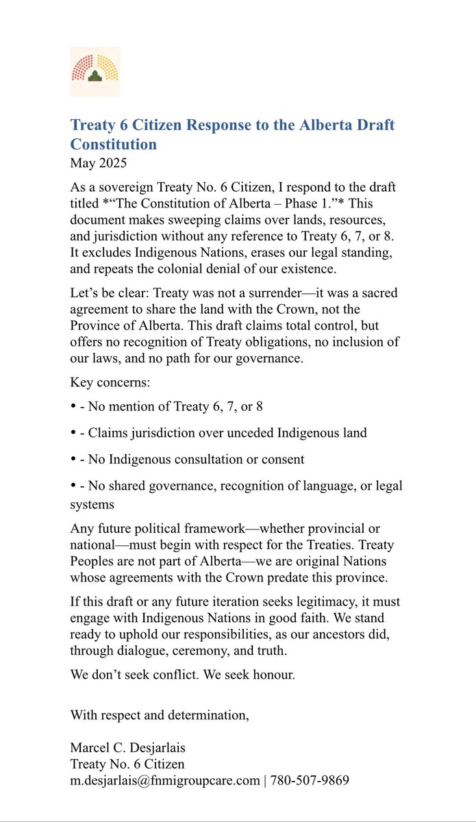 realcreewarrior's tweet photo. Alberta can’t draft a constitution on our land w/o recognizing the Treaties that made Alberta possible. My response as a Treaty 6 Citizen.
We don’t seek conflict.
We seek honour.
#TrueNationhood #Treaty6 #IndigenousSovereignty #AlbertaConstitution @ABDanielleSmith @MarkJCarney https://t.co/iRxRpaJ1KV
