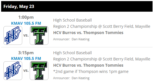 The Region 2 Baseball Tournament will conclude this afternoon. HCV and Thompson will battle for the championship. HCV needs one win today, while Thompson must win twice to claim the title. Dan Keating will have the call on KMAV. #NDpreps