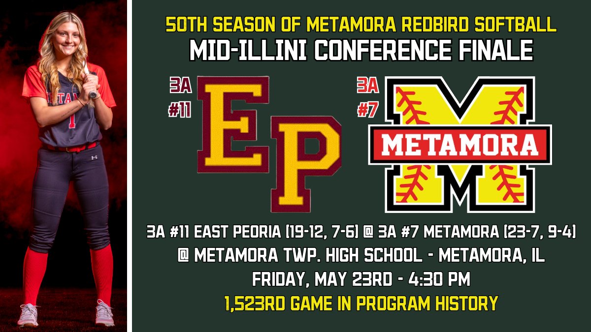 StaabAlex's tweet photo. Wrapping up conference play today! 

🥎 | 3A #7 @SoftballMTHS 
🆚 | 3A #11 East Peoria 
📍 | MTHS 
🕰️ | 4:30 PM
☁️ | 68 degrees, cloudy, 9 mph wind RF to LF
📊 | GameChanger; "Metamora Varsity Redbirds"

#ONE #pjspreps https://t.co/88msVLdMbL