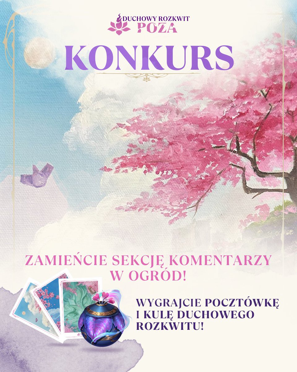 🌸 Wygraj pocztówkę <a href="/MaiLinh_Art/">Mai Linh</a> wraz z kodem na Kulę Duchowego Rozkwitu! 🌸

Co trzeba zrobić?
👉 Zostaw kwiatowy komentarz, korzystając z emoji, ASC-II lub własnej grafiki. Najbardziej oryginalne wygrywają!

🕛 Na zgłoszenia czekamy do 30.05.2025, godz. 23:59
📜 Regulamin