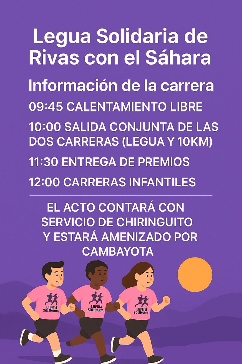 ¡Ya está todo listo para la 11ª Legua Solidaria de Rivas con el Sáhara!
Información de la carrera
🔥09:45 – Calentamiento libre
🏁10:00 – Salida conjunta (Legua y 10 km)
🏆11:30 – Entrega de premios
👦12:00 – Carreras infantiles
Y además… Habrá servicio de chiringuito!