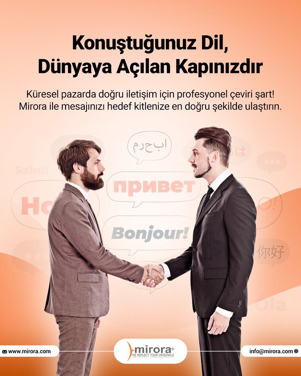 Dünya sizi doğru kelimelerle duysun!

Profesyonel çeviri hizmetleriyle mesajınızı dünyanın dört bir yanına net, etkili ve güvenilir biçimde ulaştırın.

Mirora ile sınırları aşmak artık çok daha kolay!

#çeviri #sözlüçeviri #yazılıçeviri #mirora #küreseldiyalog #yabancıdil