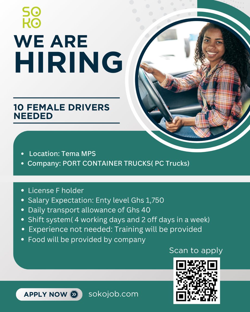 SokoJobs's tweet photo. Now hiring: Female Drivers! 
Join PC Trucks at Tema MPS- no experience needed,training provided. Apply now at https://t.co/fTo7TwA7HP 
#jobsinghana #sokojobs https://t.co/ZVJpngbveW