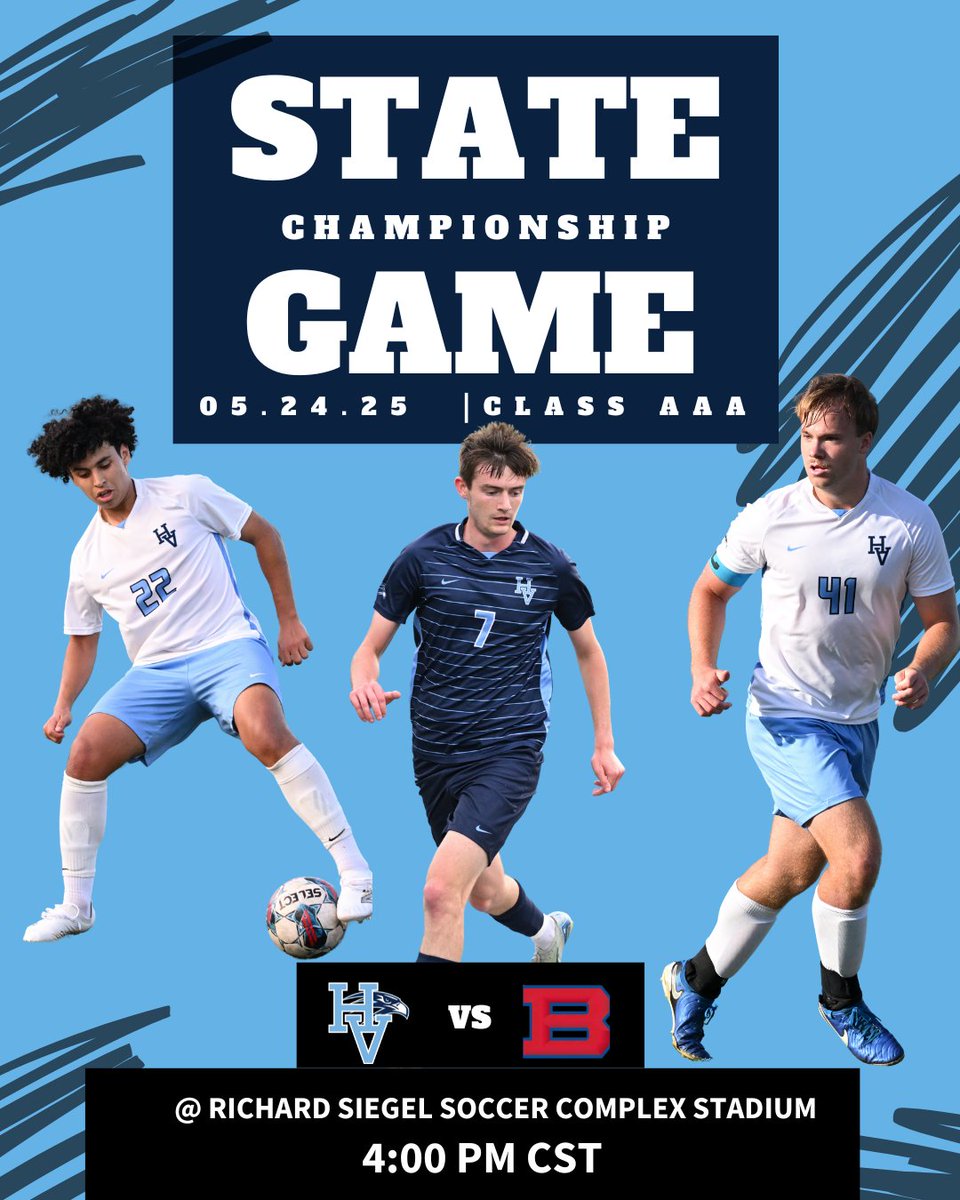 Hardin Valley Academy Boys Soccer (@hva_boyssoccer) on Twitter photo It's CHAMPIONSHIP GAME DAY! ⚽️
Make the drive to Murfreesboro to watch the Hawks take on Bartlett today!
🆚<a href="/BHS_Soccer52/">Bartlett Soccer</a>
📌515 Cherry Lane Drive / 37129
🕓 4:00 PM CST / 5:00 PM EST
🏟️Richard Siegel Soccer Complex Stadium
<a href="/HVAAthletics/">Hardin Valley Athletics</a> <a href="/HVA_AD_HAWKS/">WyattHVA</a> <a href="/HVAHawks/">Hardin Valley Academy</a> <a href="/5StarPreps/">5Star Preps</a> It's CHAMPIONSHIP GAME DAY! ⚽️
Make the drive to Murfreesboro to watch the Hawks take on Bartlett today!
🆚<a href="/BHS_Soccer52/">Bartlett Soccer</a>
📌515 Cherry Lane Drive / 37129
🕓 4:00 PM CST / 5:00 PM EST
🏟️Richard Siegel Soccer Complex Stadium
<a href="/HVAAthletics/">Hardin Valley Athletics</a> <a href="/HVA_AD_HAWKS/">WyattHVA</a> <a href="/HVAHawks/">Hardin Valley Academy</a> <a href="/5StarPreps/">5Star Preps</a>