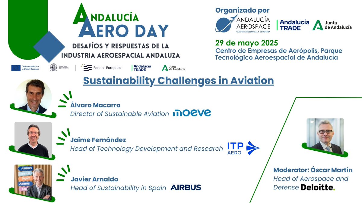 ANDALUCÍA AEROSPACE Clúster Empresarial (@andaerospace) on Twitter photo 💚En Andalucía Aero Day, el evento que organizamos junto a <a href="/trade_andalucia/">Andalucía TRADE</a> el 29 de mayo en <a href="/ParqueAeropolis/">ParqueAeropolis</a>, pondremos el foco en uno de los grandes desafíos del sector: cómo avanzar hacia una #aviación más #sostenible, #eficiente y responsable con el entorno.
#AAeroDay 💚En Andalucía Aero Day, el evento que organizamos junto a <a href="/trade_andalucia/">Andalucía TRADE</a> el 29 de mayo en <a href="/ParqueAeropolis/">ParqueAeropolis</a>, pondremos el foco en uno de los grandes desafíos del sector: cómo avanzar hacia una #aviación más #sostenible, #eficiente y responsable con el entorno.
#AAeroDay
