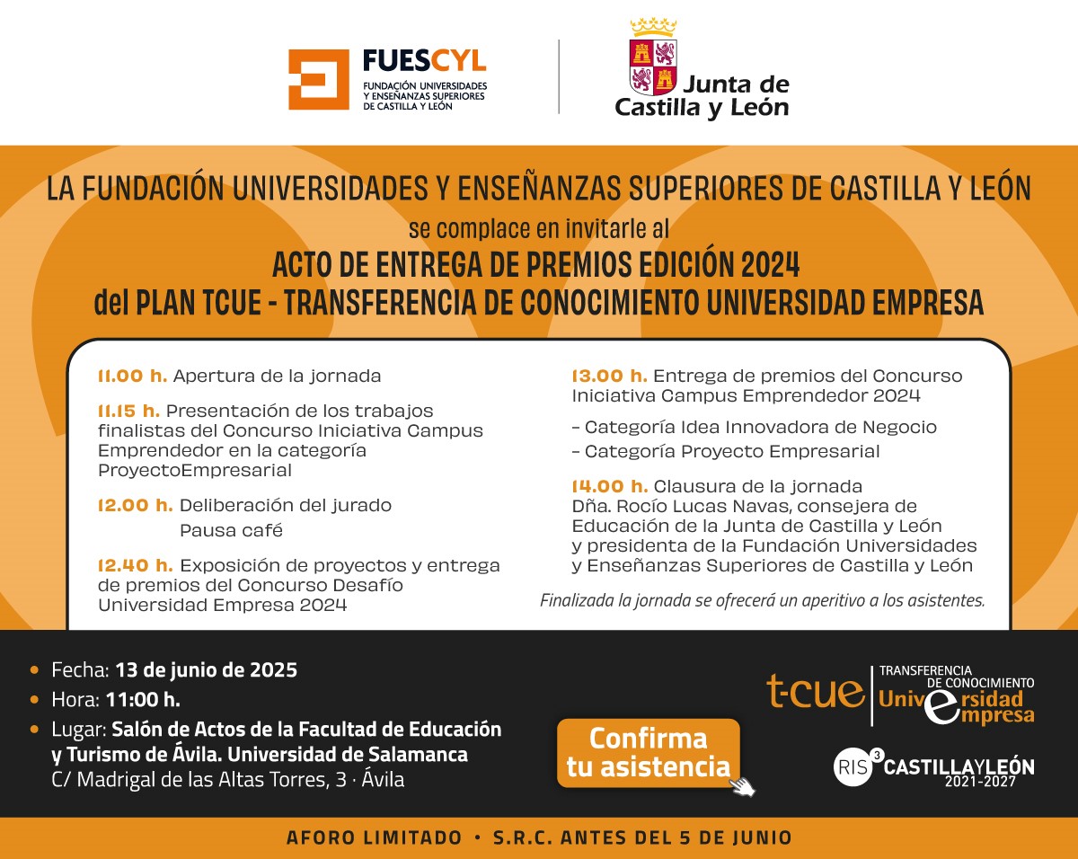 Entrega de premios TCUE 2024 - Iniciativa Campus Emprendedor y Desafío Universitario: 13  de junio, Campus de Ávila de la Universidad de Salamanca. Si quieres asistir, inscríbete ya en: fuescyl.com #PlanTCUE redtcue.es