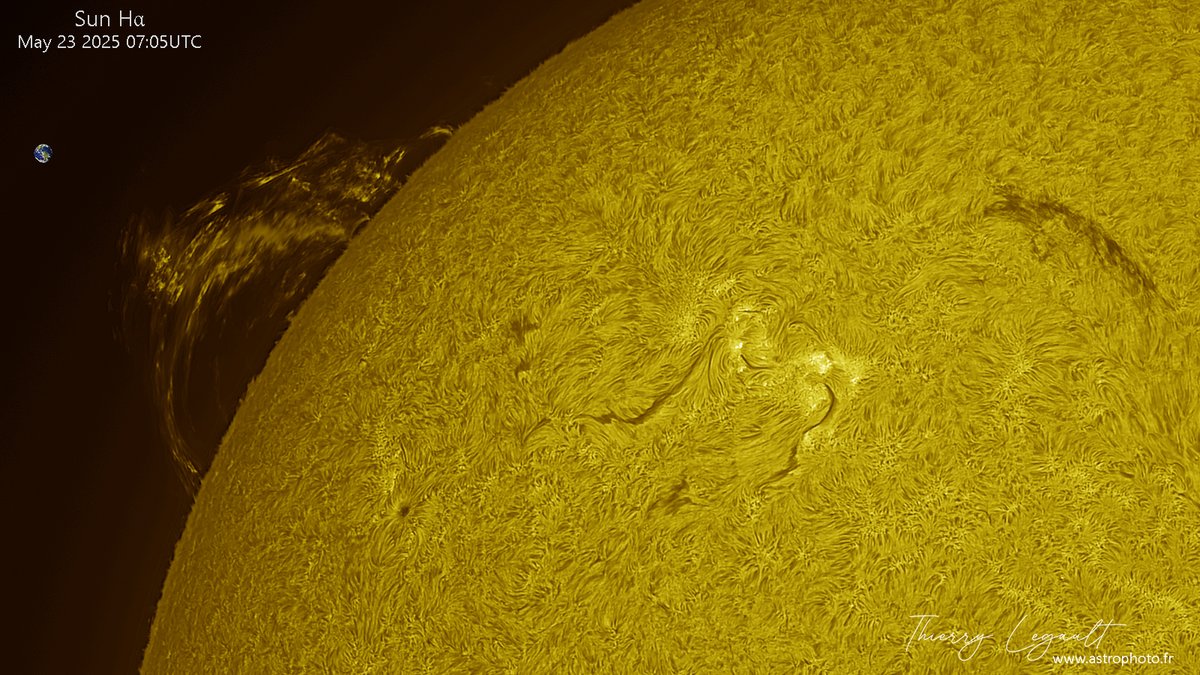 ThierryLegault's tweet image. Today's huge and fast prominence, only 15 minutes between each of those images! 馃槑
The Earth at scale on the left 馃槻