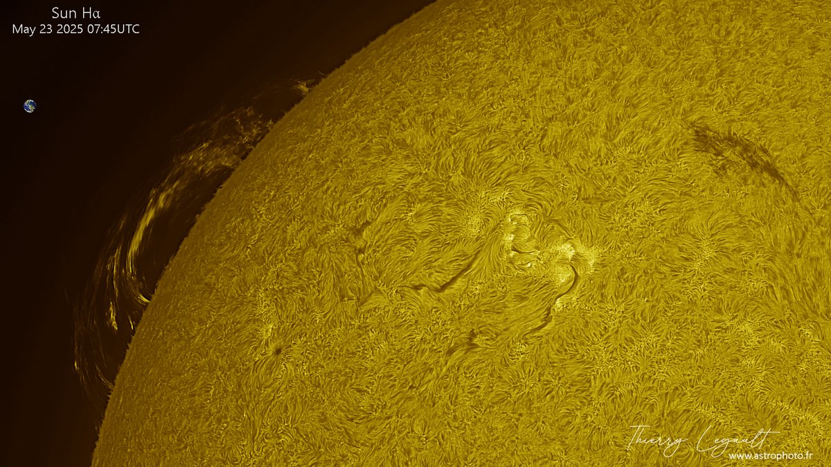 ThierryLegault's tweet image. Today's huge and fast prominence, only 15 minutes between each of those images! 馃槑
The Earth at scale on the left 馃槻