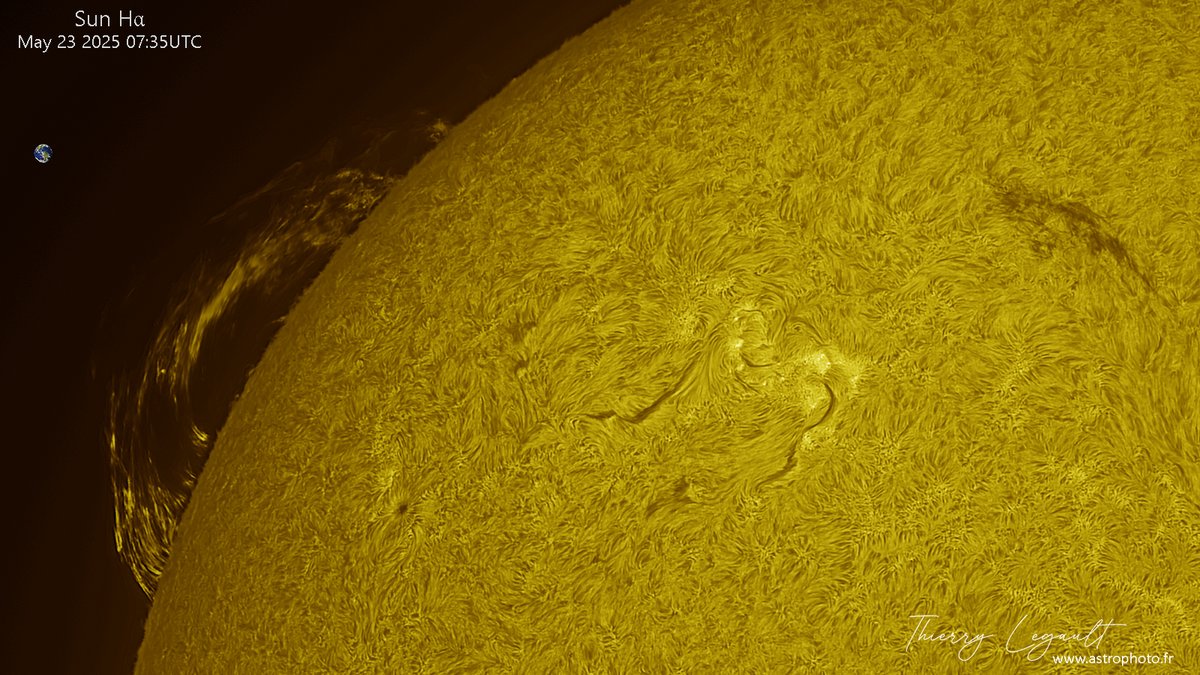 ThierryLegault's tweet image. Today's huge and fast prominence, only 15 minutes between each of those images! 馃槑
The Earth at scale on the left 馃槻
