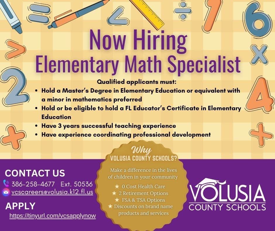 VolusiaRecruits's tweet image. 📚🔢 Exciting Opportunity! @volusiaschools is hiring an #ElementaryMathSpecialist! If you’re passionate about inspiring young learners &amp;amp; making a difference in math education, apply today! 🏫✨
🔗tinyurl.com/VCSapplynow

#k12careers #MathSpecialist  #JoinOurTeam