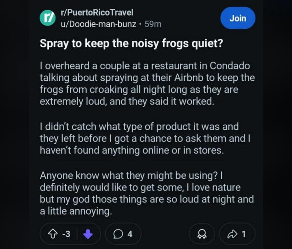 dulcinea_linda's tweet photo. Un turista en Reddit pregunta por el insecticida que se le echa al coquí porque le molesta su "ruido". Que arranque pa'l k-rajo. El que molesta aquí es él sino q compre tapones para los oídos. HQJ 🤬 https://t.co/EkZ7pURzBC