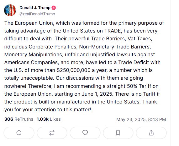 ONLY_Cryptomain's tweet photo. 📢 Trump Returns with Aggressive Tariffs: Proposes 50% Duty on EU Imports

Former President Trump has once again proposed aggressive tariff measures, recommending a hefty 50% tariff on imports from the EU starting June 1, 2025. This move threatens to further escalate trade tensions between the U.S. and Europe.

📌 Why Tariffs Again? Trump’s Key Arguments:

Trump claims the EU harms U.S. businesses and the economy through:
•Severe trade barriers
•Double taxation structures like VAT
•Excessive corporate penalties
•Non-monetary trade barriers
•Currency manipulation
•Unfair lawsuits targeting American companies

Hence, the recommendation to impose a 50% tariff on EU imports from June 1, 2025.

💬 Final

Trump’s renewed tariff proposal is classic hardline negotiation, but the severity of a 50% tariff poses considerable risks to global economic stability and financial markets. Ultimately, the largest burden may fall upon U.S. consumers, while retaliation from the EU could amplify market disruptions. Investors should prepare carefully for increased market volatility and global economic uncertainty.

#Trump #BTC #Crypto #bear