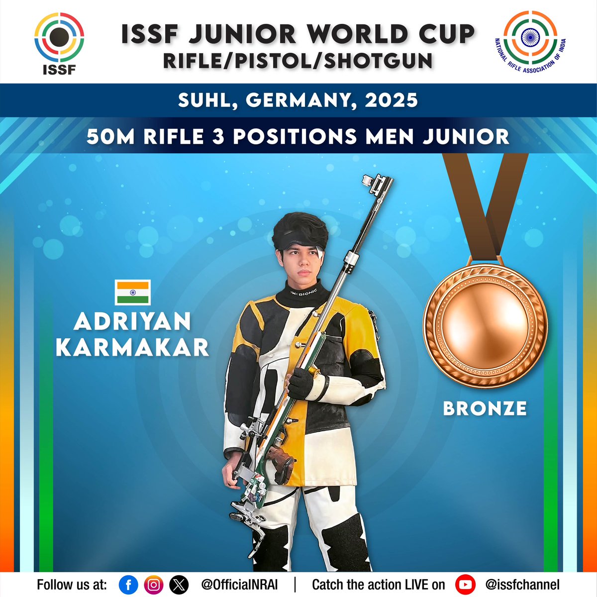 BRONZE 🥉 ‼️ Adriyan Karmakar 🇮🇳 3rd in the men’s 3P with a score of 446.6 at the <a href="/issf_official/">ISSF</a> Junior World Cup in Suhl. Congratulations!🔥💥🎊

#ISSFJuniorWorldCup #ISSFJWC #Shooting #3P #ShootingSports #TeamIndia