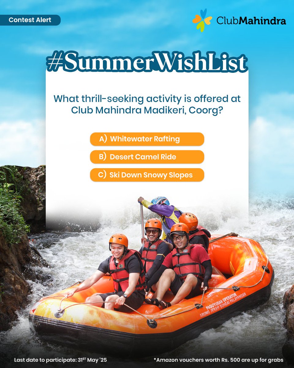 Club Mahindra (@clubmahindra) on Twitter photo #ContestAlert 7 of 15
Participate in all #SummerWishList
STEPS
1) Comment below with your answer using #SummerWishList and #ClubMahindra. Don’t forget to tag <a href="/clubmahindra/">Club Mahindra</a> and four of your friends – it’s mandatory!
2) Participate in all 15 contest posts. Winners get Amazon #ContestAlert 7 of 15
Participate in all #SummerWishList
STEPS
1) Comment below with your answer using #SummerWishList and #ClubMahindra. Don’t forget to tag <a href="/clubmahindra/">Club Mahindra</a> and four of your friends – it’s mandatory!
2) Participate in all 15 contest posts. Winners get Amazon