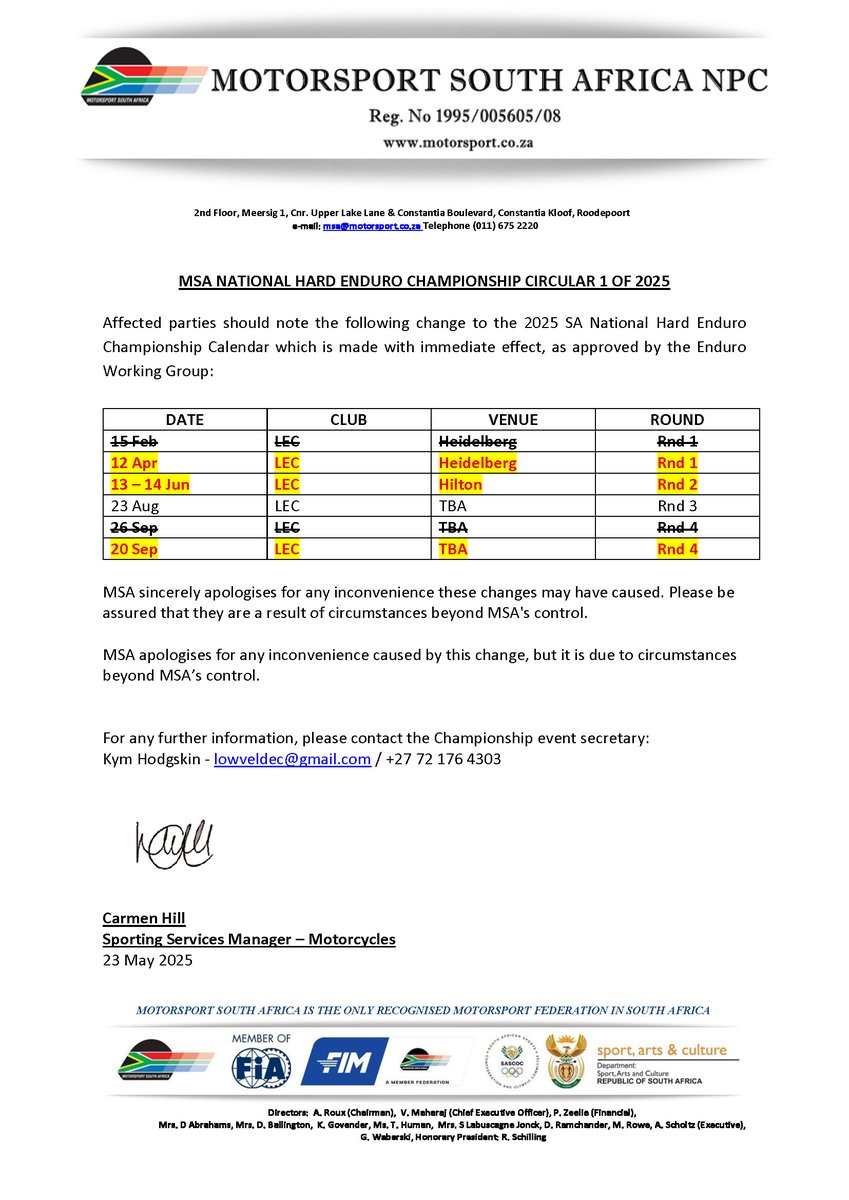 MSA SA NATIONAL HARD ENDURO CHAMPIONSHIP CIRCULAR 1 OF 2025

motorsport.co.za/wp-content/upl…