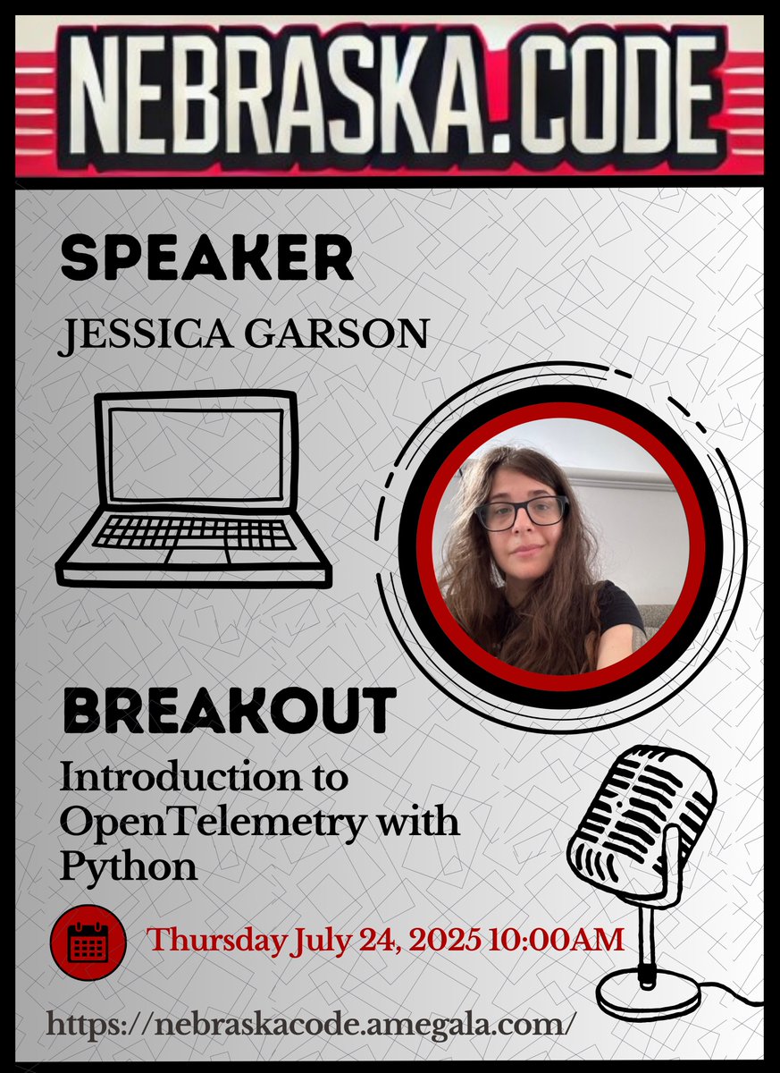 Nebraska.Code() Conference (@conferencene) on Twitter photo <a href="/jessicagarson/">Jessica Garson</a> presents 'Introduction to OpenTelemetry with Python' July 24th at Nebraska.Code().
nebraskacode.amegala.com
#OpenTelemetry #Python #OTel #APIs #Flask #Django #Nebraska #TechnologyConference <a href="/LNKCodingWomen/">Lincoln Coding Women</a> <a href="/OmahaPython/">Omaha's Python Users Group</a> <a href="/GirlsIncOmaha/">Girls Inc. of Omaha</a> <a href="/girlscodelnk/">Girls Code Lincoln</a> <a href="/WomenWhoCode/">Women Who Code</a> <a href="/jessicagarson/">Jessica Garson</a> presents 'Introduction to OpenTelemetry with Python' July 24th at Nebraska.Code().
nebraskacode.amegala.com
#OpenTelemetry #Python #OTel #APIs #Flask #Django #Nebraska #TechnologyConference <a href="/LNKCodingWomen/">Lincoln Coding Women</a> <a href="/OmahaPython/">Omaha's Python Users Group</a> <a href="/GirlsIncOmaha/">Girls Inc. of Omaha</a> <a href="/girlscodelnk/">Girls Code Lincoln</a> <a href="/WomenWhoCode/">Women Who Code</a>