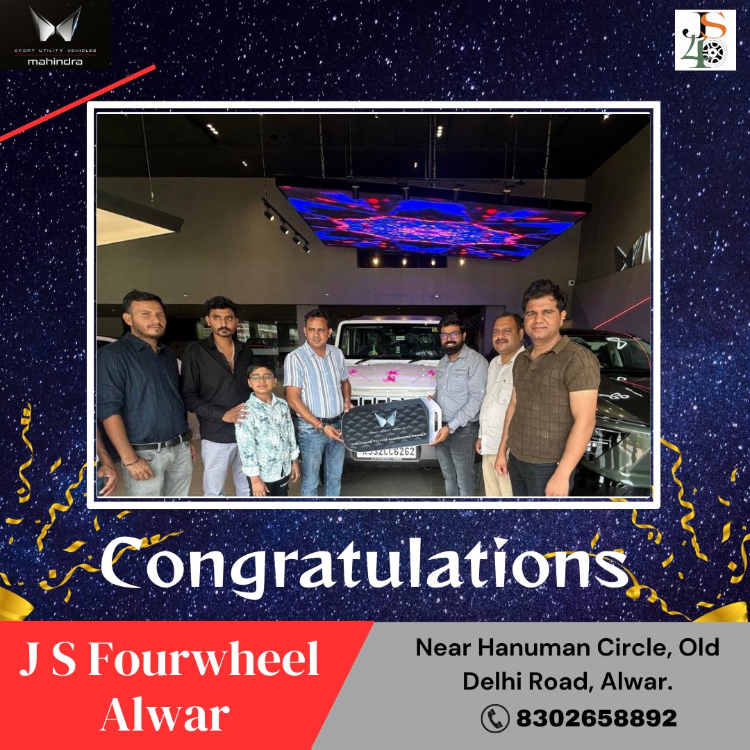 JS4WheelMotors's tweet photo. Congratulations 💐 on your new set of wheels! 🚗 May your @mahindrathar bring you joy, comfort, and prosperity! 🌟

 #MahindraTharROXX #NewCar #Congratulations #TharROXX #Mahindra #NewRide #CustomerDelight #NewBeginnings #HappyVehicleDelivery  #JSfourwheel https://t.co/SnwYWIEIKM