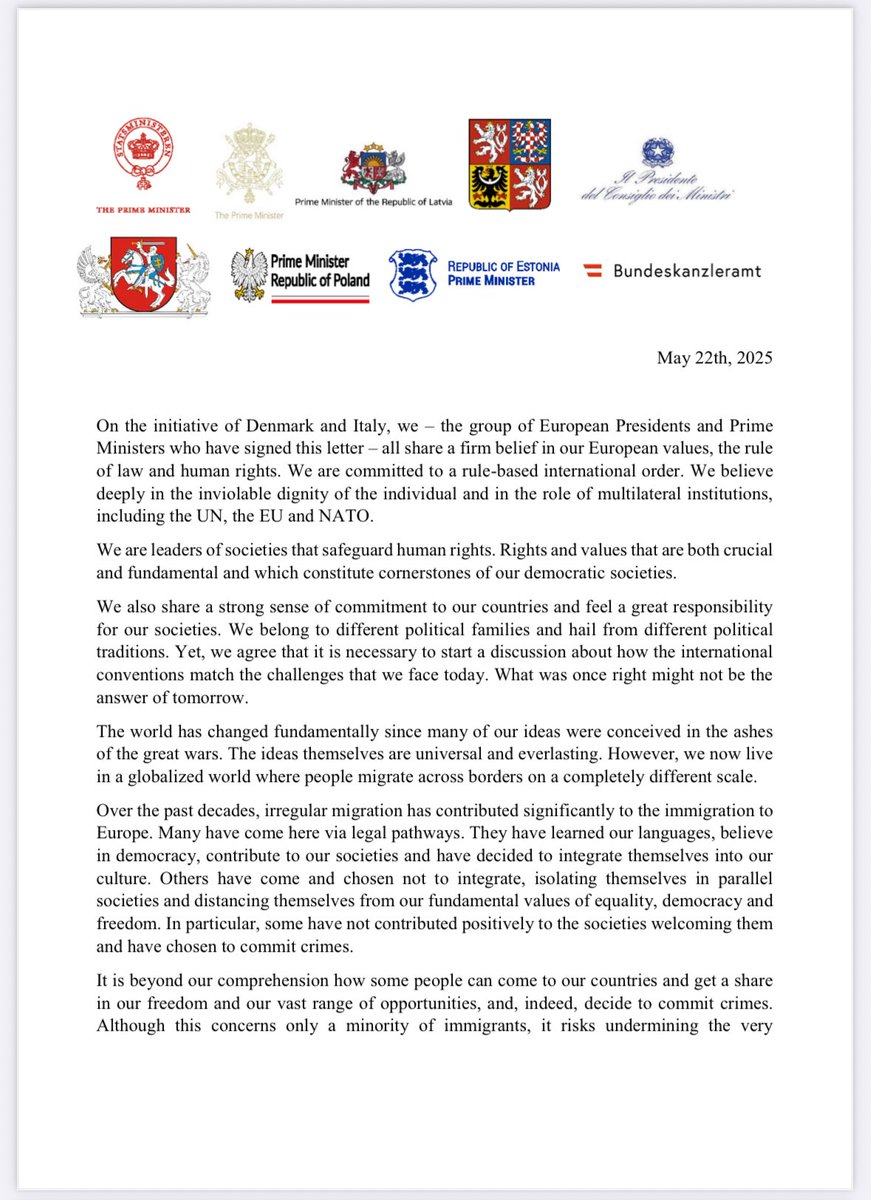 GiordanoSottosa's tweet photo. I leader di diverse Nazione europee, su proposta di Italia e Danimarca, chiedono più autonomia per espellere criminali stranieri e controllare confini.

La lettera già sottoscritta anche da Austria, Belgio, Estonia, Lettonia, Lituania, Polonia e Rep. Ceca: https://t.co/S2jTazUQ41 https://t.co/AH7aBTmIGQ