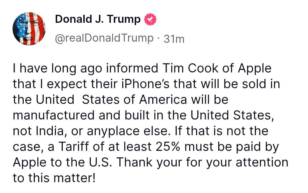 nurulpasha_'s tweet image. 📢 BREAKING

डोनाल्ड ट्रंप ने फिर दिया बयान —
“भारत में बना iPhone अमेरिका में नहीं बिकेगा। अगर बिके, तो लगेगा 25% टैरिफ”
पहले कतर में, अब अमेरिका में — ट्रंप भारत में मैन्युफैक्चरिंग पर सवाल उठा रहे हैं।

#TrumpVsIndia #iPhone #ModiSilence