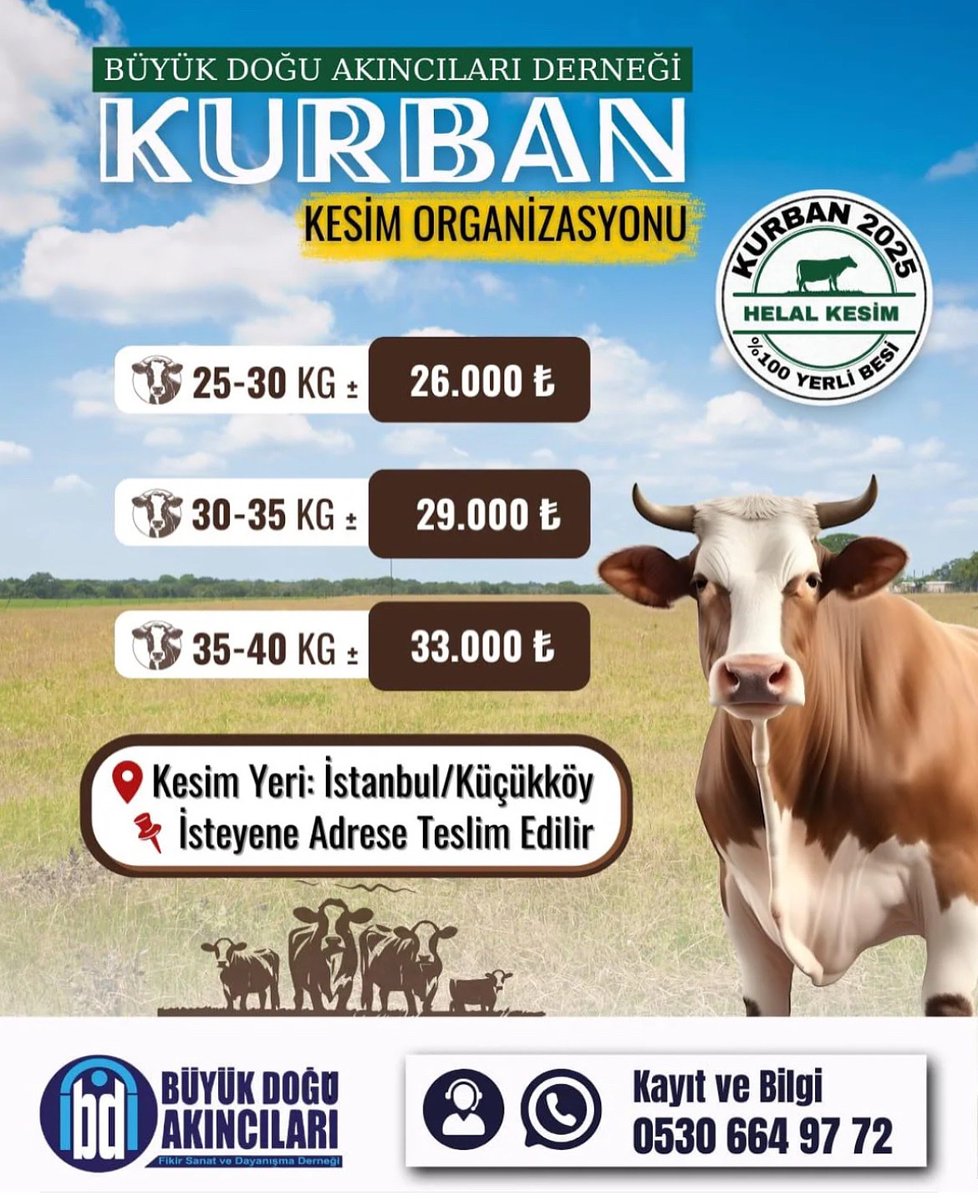 Kurban hisse satışımız devam ediyor.

👉Hisse Bedeli
25-30kg 26000tl
30-35kg 29000tl
35-40kg 33000tl

📌kesim yeri; İst./Küçükköy
🚛isteyene 'eve teslim'

📞 0530 664 97 72

▪️Albaraka Türk 
TR49 0020 3000 0989 9594 0000 01
▪️Büyük Doğu Akıncıları Fikir Sanat Ve Dayanışma Derneği