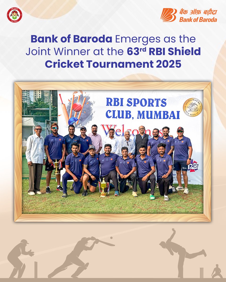 Bank of Baroda (@bankofbaroda) on Twitter photo Bank of Baroda is delighted to share that its Cricket Team has emerged as Joint Winners of the 63rd Sir Benegal Rama Rau RBI Shield Cricket Tournament, organised by the Reserve Bank of India from 13th to 21st May 2025 in Mumbai.
Showcasing exceptional skill and teamwork, the Bank of Baroda is delighted to share that its Cricket Team has emerged as Joint Winners of the 63rd Sir Benegal Rama Rau RBI Shield Cricket Tournament, organised by the Reserve Bank of India from 13th to 21st May 2025 in Mumbai.
Showcasing exceptional skill and teamwork, the