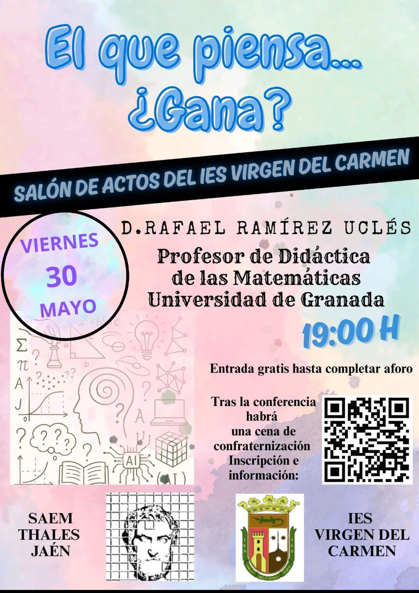 21 JAEM (@jaem_fespm) on Twitter photo 📣 ¡Atención Jaén!
🗓️ 30 mayo | 🕖 19:00h
📍 IES Virgen del Carmen
Conferencia "¿Quién piensa, gana?" con el Dr. Rafael Ramírez (UGR).
💡 Razonamiento matemático, retos interactivos y una cena final 🥂
👉 Organiza: <a href="/ThalesJaen/">THALESJaén</a>
#Educación #Matemáticas #Divulgación #Jaén 📣 ¡Atención Jaén!
🗓️ 30 mayo | 🕖 19:00h
📍 IES Virgen del Carmen
Conferencia "¿Quién piensa, gana?" con el Dr. Rafael Ramírez (UGR).
💡 Razonamiento matemático, retos interactivos y una cena final 🥂
👉 Organiza: <a href="/ThalesJaen/">THALESJaén</a>
#Educación #Matemáticas #Divulgación #Jaén