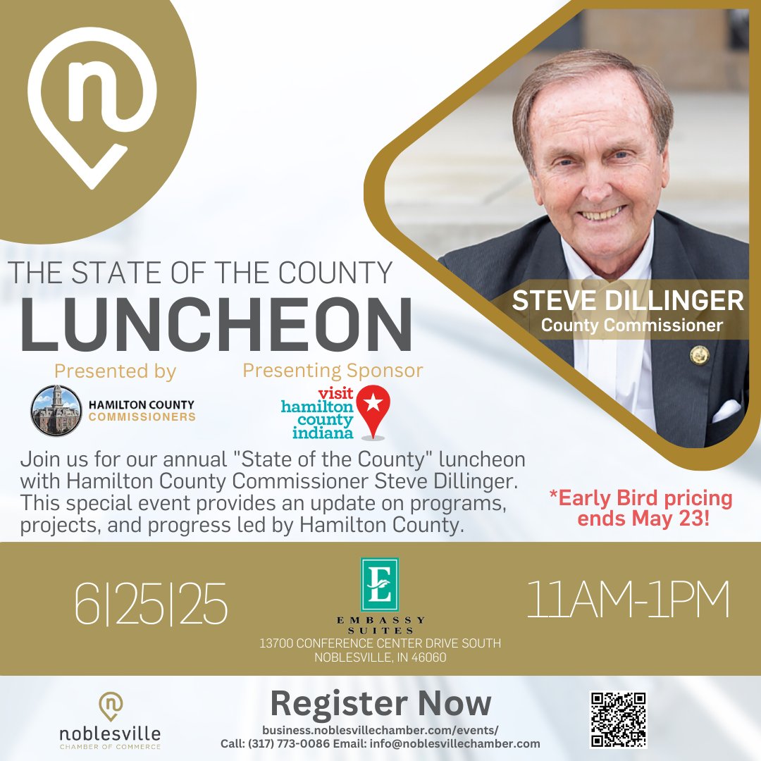 NoblesvilleCOC's tweet image. Early Bird Pricing ends TODAY (May 23)! Don't miss your chance to save on your luncheon registration & hear from County Commissioner Steve Dillinger on future progress & developments in Hamilton County, IN. Register here: ow.ly/Jny450VV9Sg