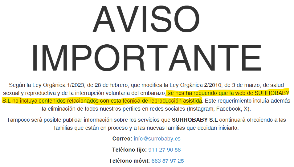 Pues parece que quien sea, <a href="/fiscal_es/">Fiscalía General</a>, <a href="/DelGobVG/">Delegación del Gob. contra la Violencia de Género</a> o <a href="/InstMujeres/">Instituto de las Mujeres</a>, está haciendo un poco de su trabajo.
#StopExplotaciónReproductiva
surrobaby.es