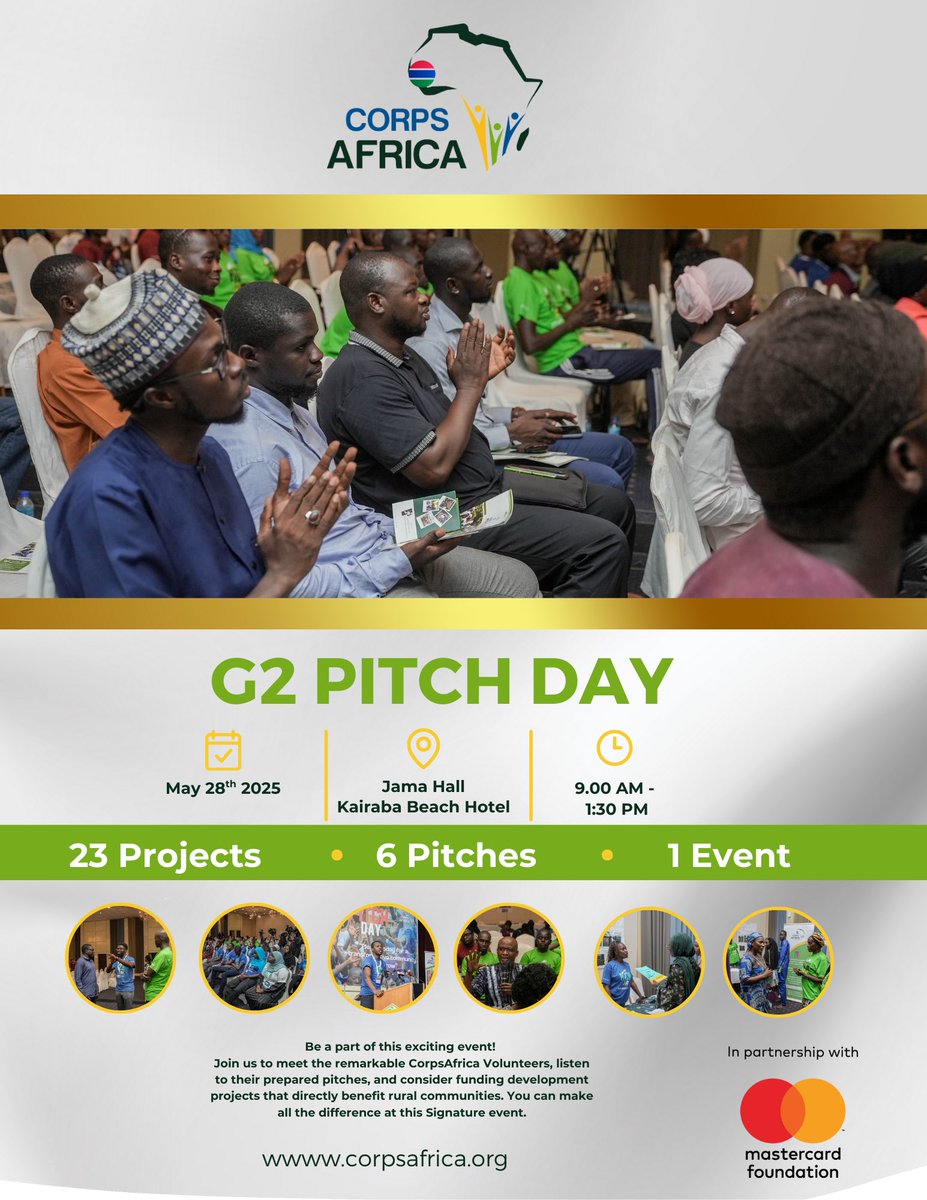 The countdown is ON! 
Pitch Day is fast approaching, From idea to impact, this journey has been one of growth,

kindly click on the event link  below to register for the event to come as a guest.

lu.ma/xsgj8gox

#corpsafricagambia
#ThisIsCorpsAfrica
#fundraising