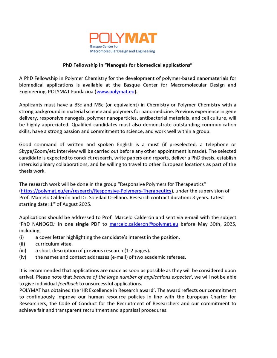 CalderonLab (@calderon_lab) on Twitter photo Open position in our group, to work in polymer nanomaterials for human and animal welfare, co-supervised with <a href="/soleorellano/">Sole Orellano</a>.
Deadline in one week, 30th of May.
Please re-post. Open position in our group, to work in polymer nanomaterials for human and animal welfare, co-supervised with <a href="/soleorellano/">Sole Orellano</a>.
Deadline in one week, 30th of May.
Please re-post.