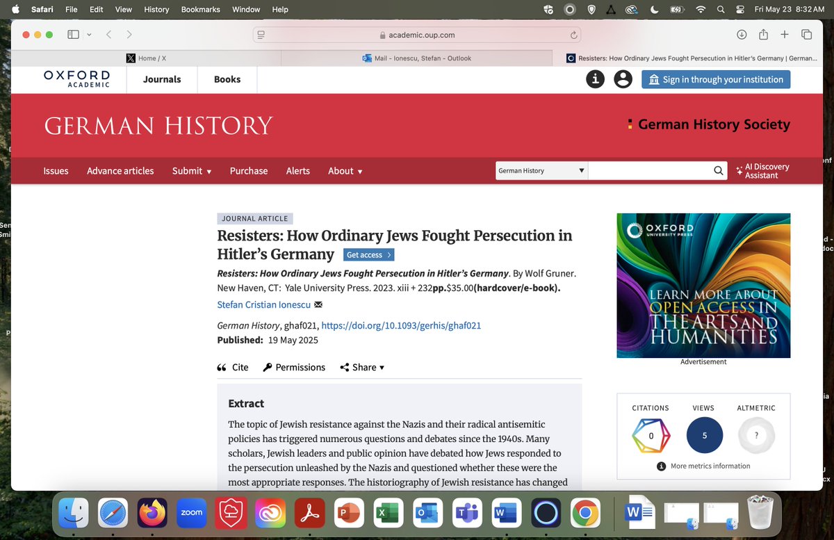 I enjoyed reviewing Wolf Gruner's book "Resisters: How Ordinary Jews Fought Persecution in Hitler's Germany (Yale UP, 2023)" for German History.  doi.org/10.1093/gerhis…