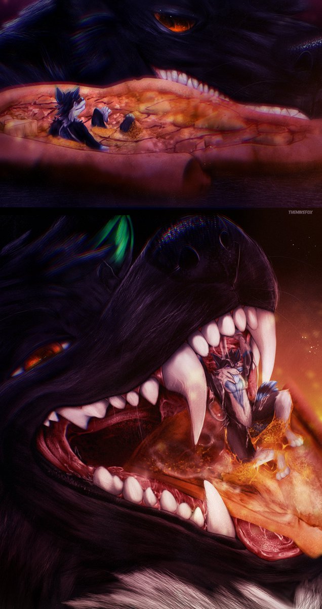 A massive predator wolf looms over a tiny wolf perched on a slice of pizza… one gulp, and they’re both gone! The big wolf savors the cheesy feast, licking his lips as the little one squirms inside~  🍕🐺