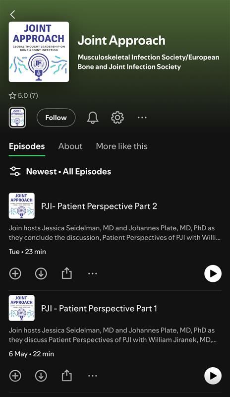 The latest episodes of the MSIS Joint Approach podcast are now live!

Parts 1 &amp; 2: PJI – Patient Perspective

Listen here: 
Spotify - open.spotify.com/show/7x6r5IRFM…

Apple Podcasts - podcasts.apple.com/us/podcast/joi…

#MSIS #JointApproach #PJI #PatientPerspective #Biocomposites #STIMULAN
