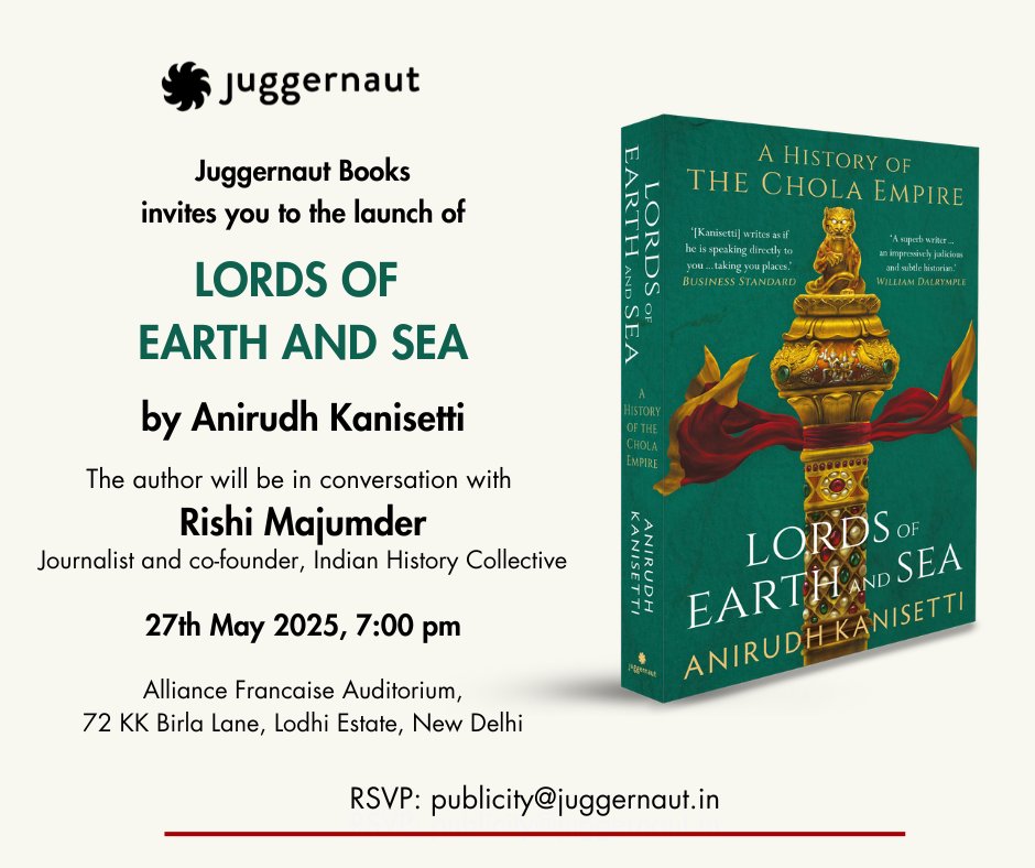 Anirudh Kanisetti | ಅನಿರುದ್ಧ್ کنسٹّی (@akanisetti) on Twitter photo Delhi, meet the Cholas. I'll be in conversation with the erudite <a href="/RishiMajumder/">Rishi Majumder</a> of <a href="/IndianHistory_C/">Indian History Collective</a> the coming Tuesday, May 27, at <a href="/alliancefrdelhi/">Alliance française de Delhi</a> . We'll be talking about the world of medieval South India: politics, society, architecture, gender.
<a href="/juggernautbooks/">juggernautbooks</a> <a href="/Chikisarkar/">Chiki Sarkar</a> Delhi, meet the Cholas. I'll be in conversation with the erudite <a href="/RishiMajumder/">Rishi Majumder</a> of <a href="/IndianHistory_C/">Indian History Collective</a> the coming Tuesday, May 27, at <a href="/alliancefrdelhi/">Alliance française de Delhi</a> . We'll be talking about the world of medieval South India: politics, society, architecture, gender.
<a href="/juggernautbooks/">juggernautbooks</a> <a href="/Chikisarkar/">Chiki Sarkar</a>