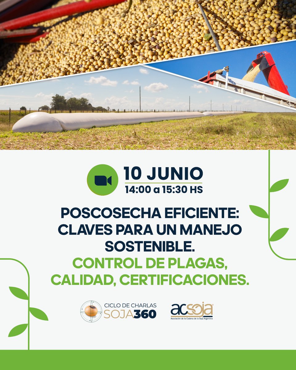 📌AGENDA! #Soja360🌱#LaCadenaEnAcción
👥Ciclo de Charlas Virtuales
🗓10/06 ⏱14 hs 💻Zoom 

2do. Encuentro: “Poscosecha eficiente: claves para un manejo sostenible. Control de plagas, calidad, certificaciones.”

Inscripción SIN CARGO shorturl.at/Wn63o