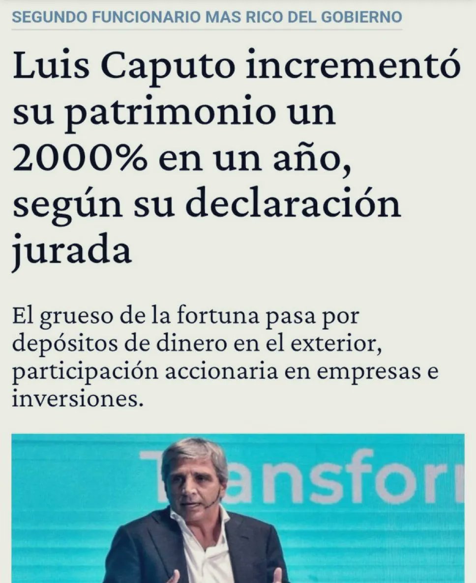 No da igual que <a href="/LuisCaputoAR/">totocaputo</a> y <a href="/fedesturze/">Fede Sturzenegger</a> tengan la plata afuera.

Si estuviera en el sistema financiero local, contribuiría a su estabilidad y respaldo, generaría oportunidades de crédito e inversión, y mostraría confianza en el país que ellos mismos dicen esta reconstruyendo