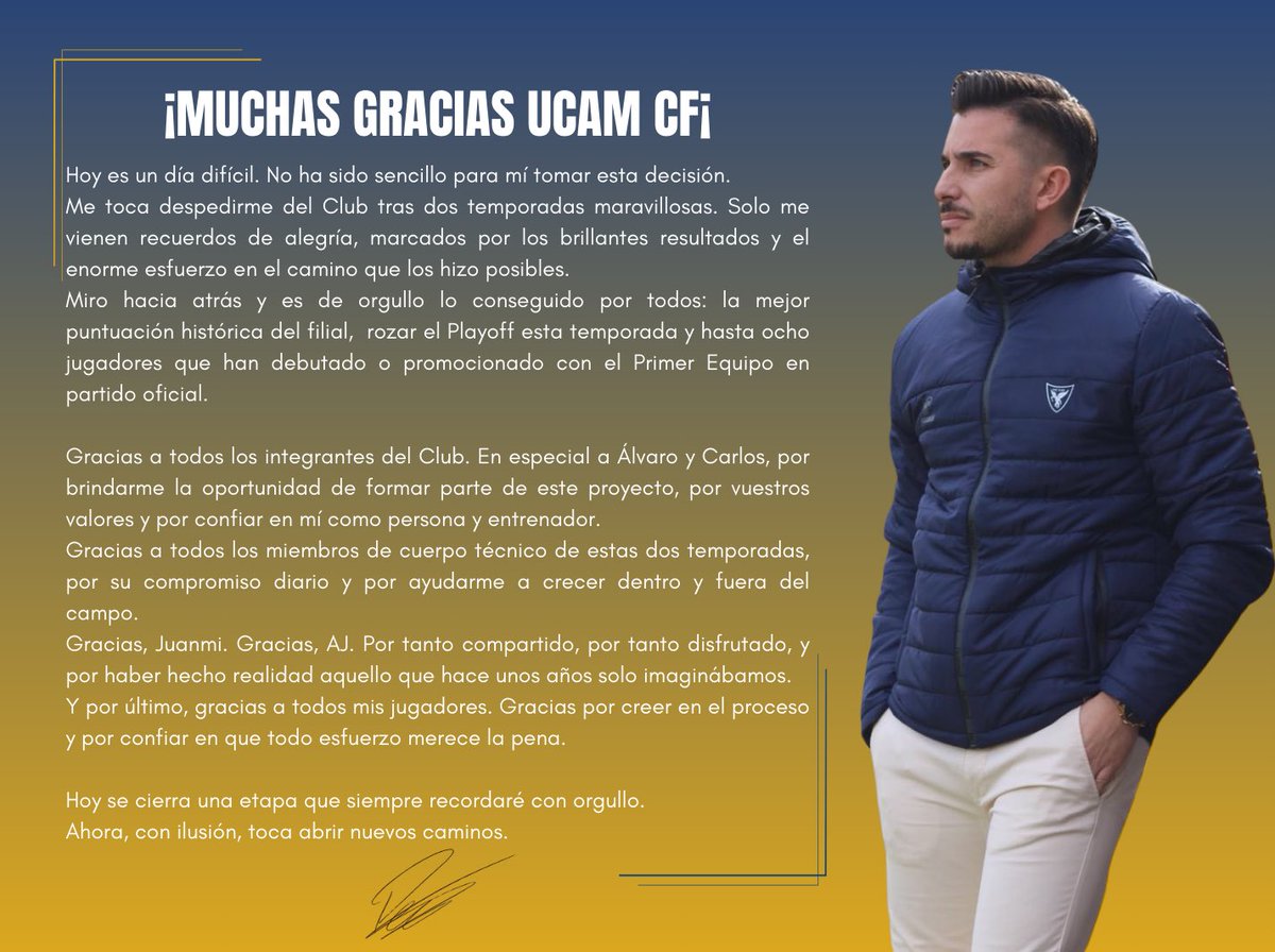 Cierro una etapa en <a href="/UCAMMurciaCF/">UCAM Murcia CF</a> llena de orgullo y trabajo.

Gracias por confiar, por sumar y por caminar juntos

Nos volveremos a encontrar 💙💛