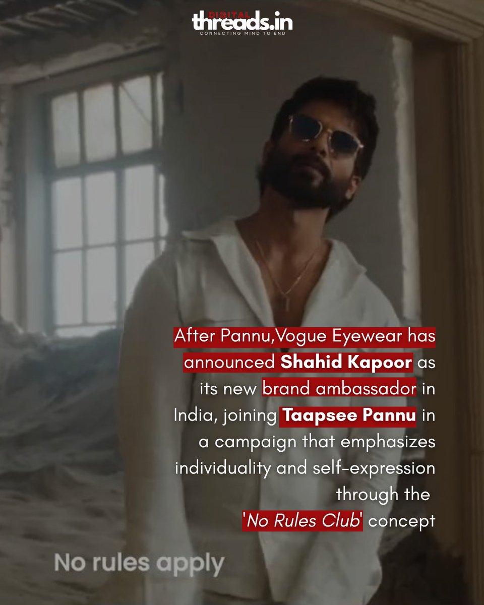 clickensey's tweet photo. Vogue Eyewear just flipped the script.
Shahid Kapoor joins Taapsee Pannu in a bold new campaign: #NoRulesClub 👁️‍🗨️

🎬 Watch the film

Real style starts when the rules stop.
#LetsVogue #VogueEyewear #ShahidKapoor #TaapseePannu #AdCampaign #MarketingNews https://t.co/R0EzvyTa3x