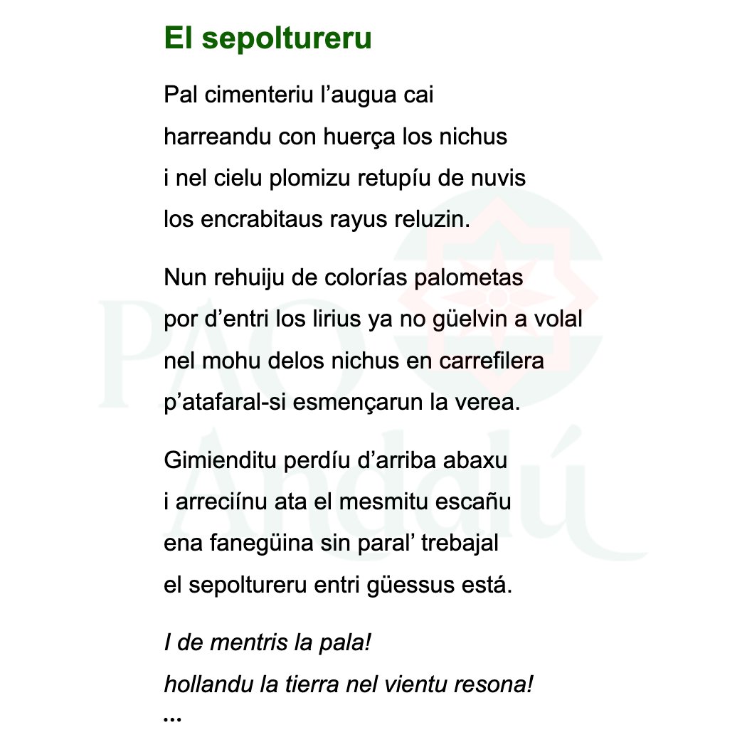 Pao Andalú ۞ (@andalupao) on Twitter photo Oh compartimoh la primera parte'e l'adahtazión qu'an jexo'r <a href="/PaK_Zer0/">PaK-Zer0 🏳️🌈🇪🇭🇵🇸</a> i er Bras a l'#estremeñu de nuehtro poema 'Er Seporturero'. Ehtamoh agraezíoh por ehta aportazión que no jaze mah qu'enriquezê'r patrimonio lingüíhtico de l'Ehtao.
Poema completo acá: pao-andalu.com/recursos/aport… Oh compartimoh la primera parte'e l'adahtazión qu'an jexo'r <a href="/PaK_Zer0/">PaK-Zer0 🏳️🌈🇪🇭🇵🇸</a> i er Bras a l'#estremeñu de nuehtro poema 'Er Seporturero'. Ehtamoh agraezíoh por ehta aportazión que no jaze mah qu'enriquezê'r patrimonio lingüíhtico de l'Ehtao.
Poema completo acá: pao-andalu.com/recursos/aport…