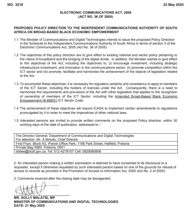 Phezukwabo_'s tweet photo. The South African Government has published a gazette proposing relaxed B-BBEE licensing requirements for satellite service providers like Starlink. Stakeholders now have 30 days from May 23, 2025 to submit comments.
#Starlink #BBEE #EEIP #Tech https://t.co/vPNeej3jA3