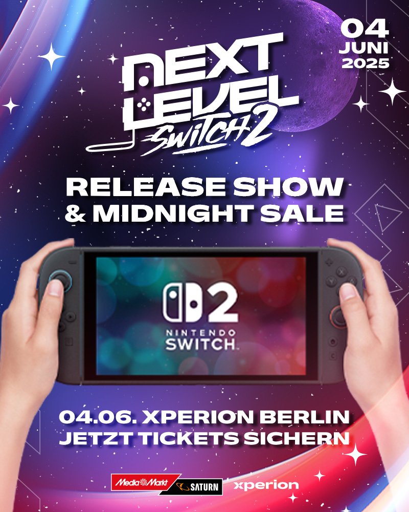 Wir dürfen es endlich verraten: 
Seid am 04.06. die ersten, die die Nintendo Switch 2 in den Händen halten dürfen ❤️ 

Tickets für die Show bekommt ihr hier: shorturl.at/Rguil

Wichtig - ihr könnt auch ohne an der Show teilzunehmen bei unserem Mitternachtsverkauf eine