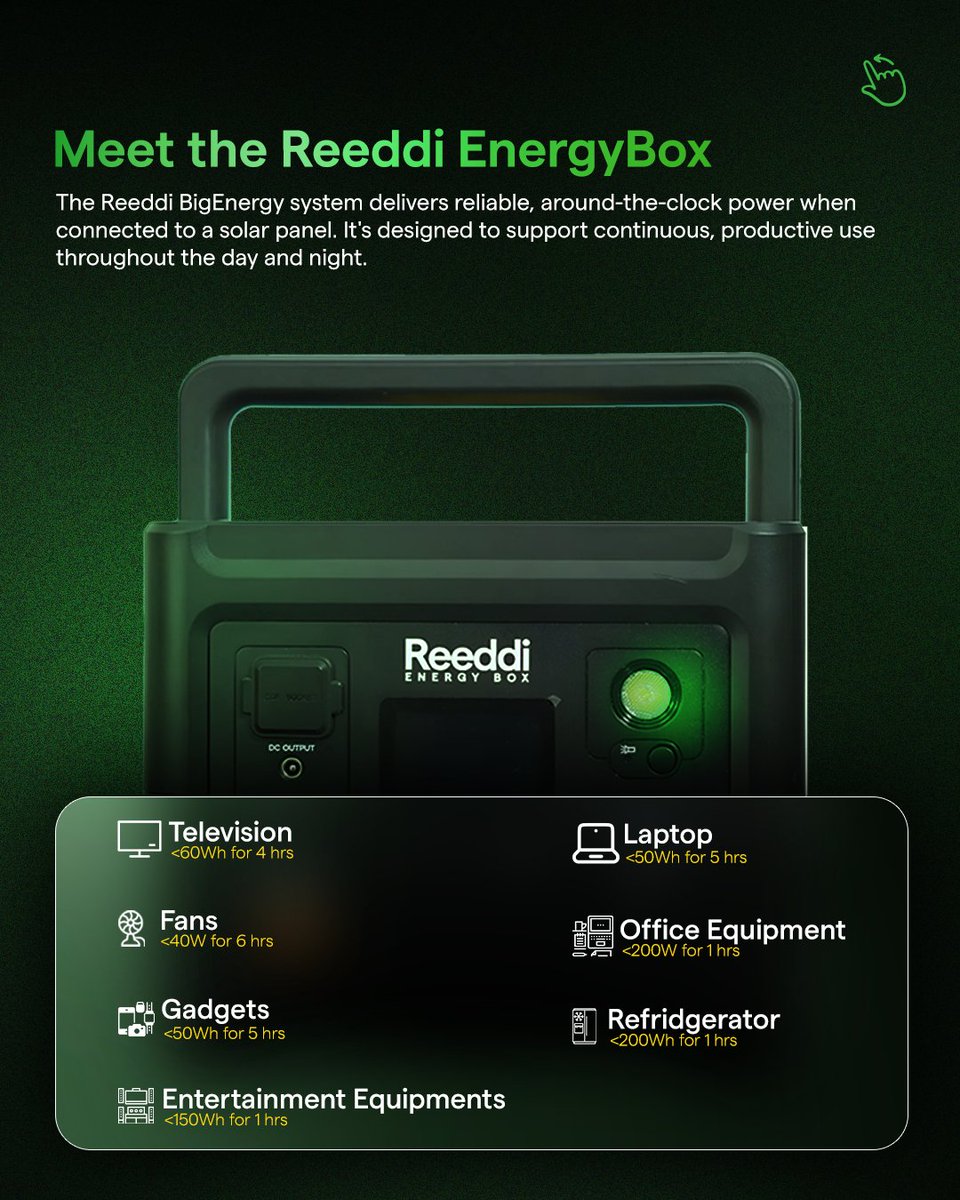 reeddi's tweet image. Tired of NEPA’s hide and seek?⚡
The Reeddi Energy Box is your smart solution for everyday power needs. 

🔋 Power your TV, fan, laptop &amp;amp; more
🎒 Portable &amp;amp; eco-friendly
🏠 Perfect for homes &amp;amp; small businesses

📞 Call +234 812 129 5930 | DM to order now!
#Reeddi #PowerMadeSimple