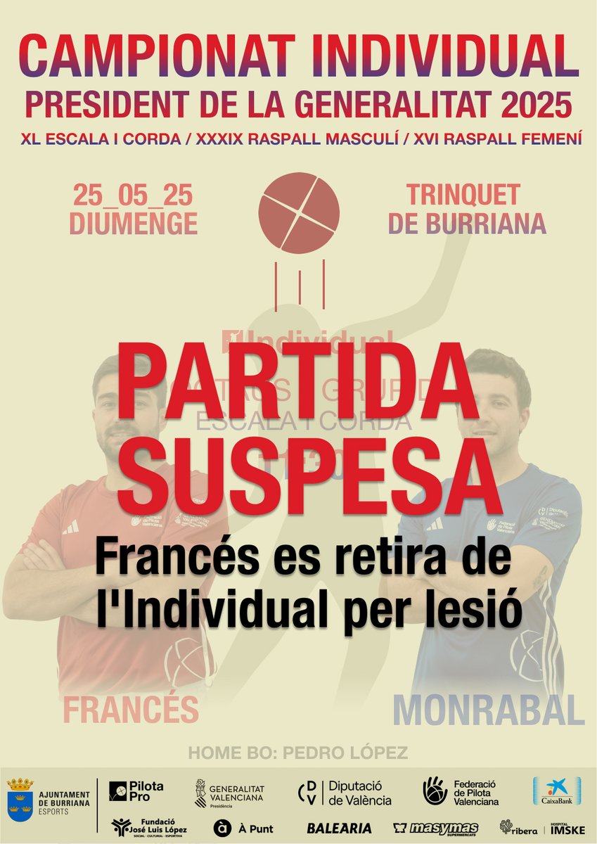 ⚠️ Última hora: Francés es retira de l'Individual per lesió i per tant no es jugarà la partida de Burriana.