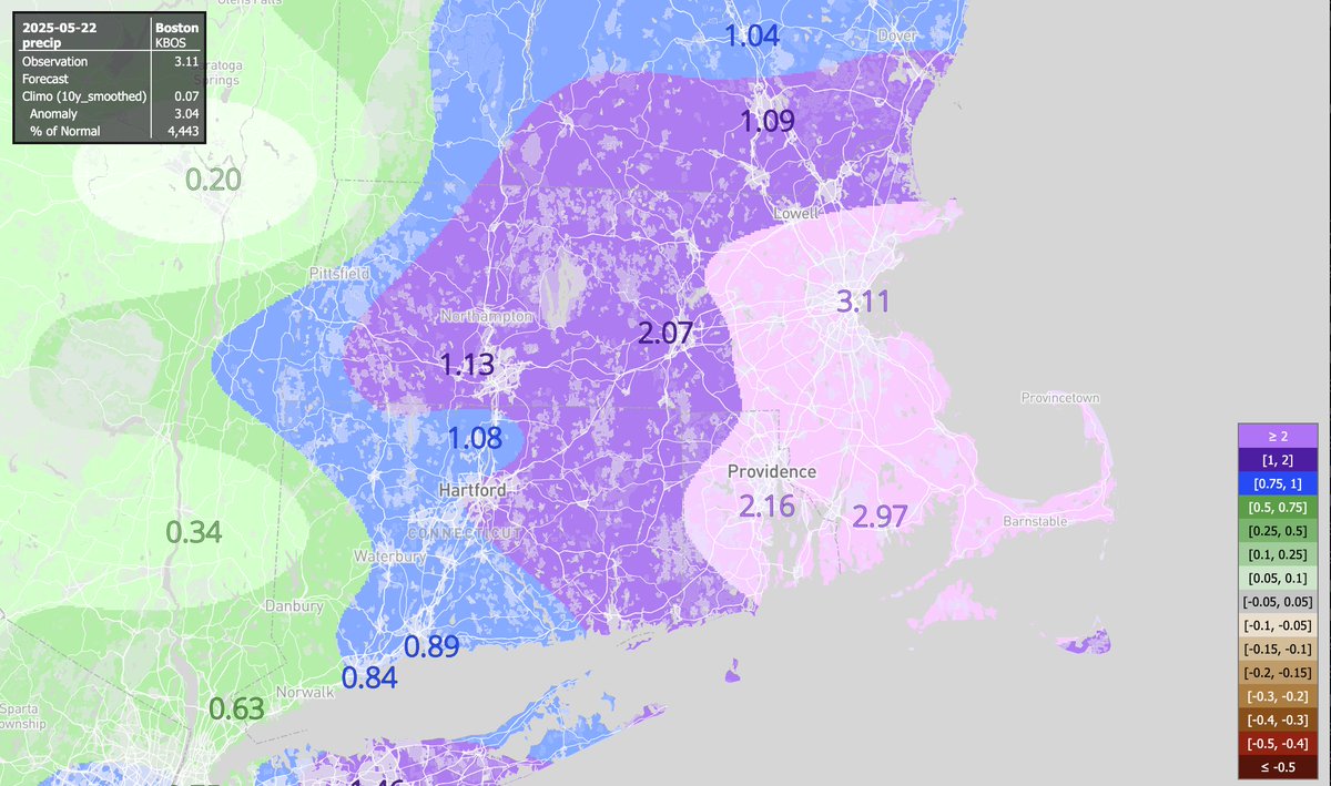 Boston reported 3.11" in yesterday's rare May Nor'easter event. This reported value ranks as the 17th highest  daily rain observation dating back to 1980, the 4th highest in the month of May.